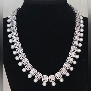 Art Deco Silver Tone CZs and White Pearl Necklace